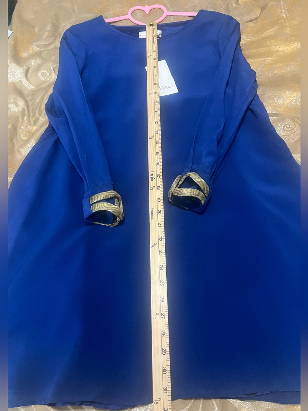 NWT Ella Luna Paris 100% SILK Dress Royal Blue Gold Mesh Cuff Small Retail $495